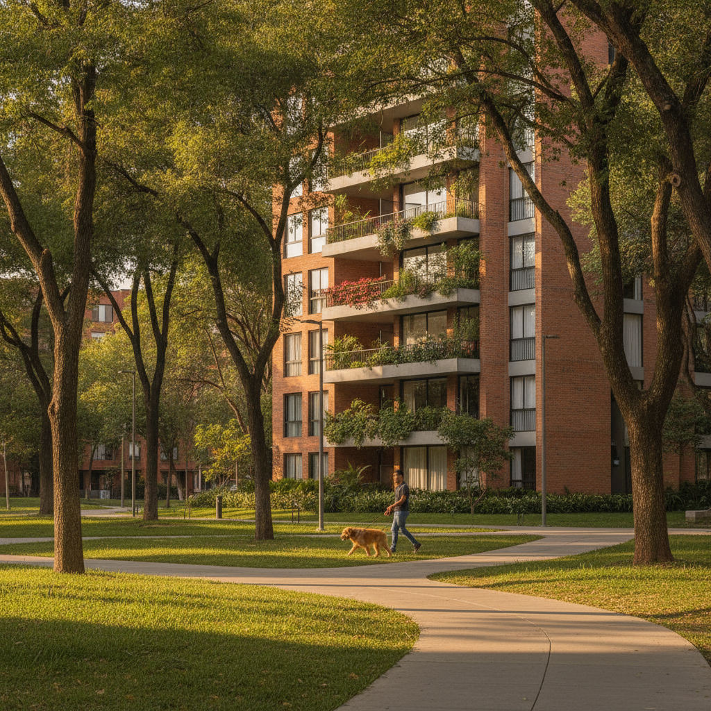 Imagen estilo fotografía urbana y de estilo de vida, profesional, luminosa y moderna, que ilustre la comodidad y la vida al aire libre en el barrio Cedritos en Bogotá para un blog inmobiliario. En primer plano, un hermoso parque arbolado del vecindario con senderos limpios y césped verde, donde se ve vagamente a una persona paseando a su perro de forma relajada. Al fondo, integrándose perfectamente con el entorno natural, se aprecia la fachada elegante y contemporánea de un edificio residencial nuevo de ladrillo a la vista con grandes ventanales y balcones con plantas. La luz es cálida de media tarde, transmitiendo tranquilidad, seguridad, aire puro y una atmósfera de "ciudad de 15 minutos". Colores naturales, verdes vibrantes y tonos terracota.