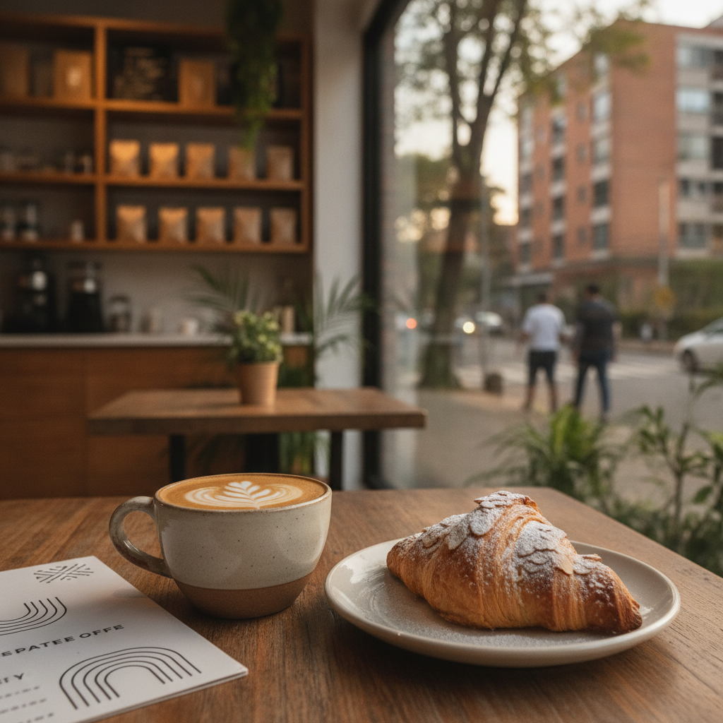 Imagen estilo fotografía "foodie" y de estilo de vida, profesional, luminosa y acogedora, capturando la vibrante escena gastronómica del barrio Cedritos en Bogotá, ideal para un blog inmobiliario. En primer plano, sobre una mesa de madera rústica en la terraza de un café de especialidad, se encuentra una taza de cerámica artesanal con un latte art detallado, un plato con un croissant de almendras recién horneado y un menú de diseño moderno. Al fondo, ligeramente desenfocado (bokeh), se aprecia el ambiente acogedor del interior del café y, a través de los ventanales, la vista de una calle arbolada del barrio Cedritos con gente caminando y la fachada de un edificio residencial moderno de ladrillo al atardecer. La iluminación es natural y cálida, transmitiendo comodidad, sabor y vida de vecindario. Colores tierra, verdes y dorados. Enfoque selectivo en el café y el croissant.
