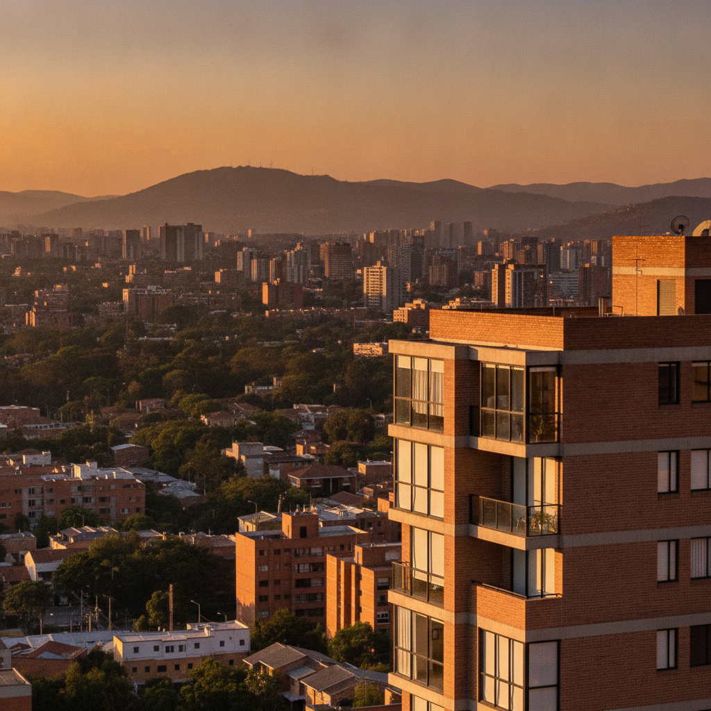 Crea una imagen estilo fotografía urbana profesional, de alta calidad y cálida, que ilustre el contraste histórico del barrio Cedritos en el norte de Bogotá para un blog inmobiliario. En primer plano, enfocado y nítido, debe verse un edificio residencial moderno de arquitectura contemporánea con fachada de ladrillo a la vista y grandes ventanales (que sugiera un proyecto nuevo de constructora). Detrás, y sutilmente difuminado (bokeh), debe apreciarse una vista panorámica del sector que muestre la densidad de la ciudad arbolada, con la silueta de los cerros orientales de Bogotá al fondo durante un atardecer dorado. La iluminación debe ser natural y acogedora. La composición debe transmitir tradición y modernidad conviviendo en armonía.